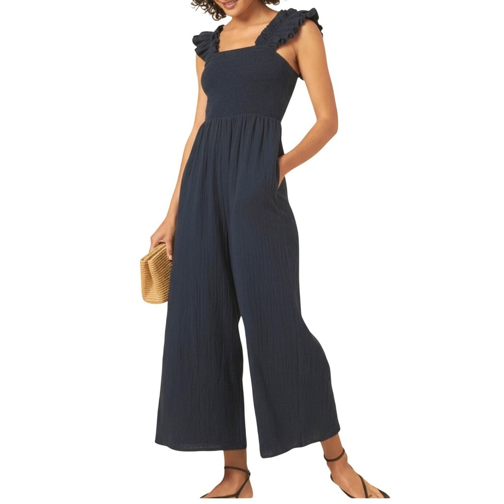 Lulus Navy Blue Eyelet Lace Wide-Leg Jumpsuit Sz M